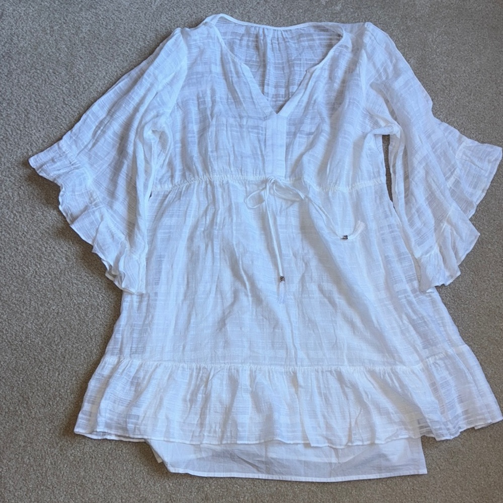 White House Black Market White Long Sleeve Tiered Tunic Dress